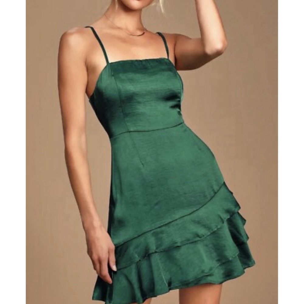 Lulus Dreams Come True Emerald Green Sz M Satin Ruffles Mini Party Dress